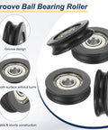 U Groove Ball Bearing Roller Wheels 6 X 27 X 8mm Nylon Pulley Guide Wheel Stainless Steel Track Wheel Built To Last No Squeak Heavy Duty Replacement For Sliding Doors And Windows Black Pack Of 4, black U-groove wheel close-up