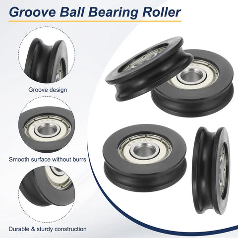 U Groove Ball Bearing Roller Wheels 6 X 27 X 8mm Nylon Pulley Guide Wheel Stainless Steel Track Wheel Built To Last No Squeak Heavy Duty Replacement For Sliding Doors And Windows Black Pack Of 4, black U-groove wheel close-up