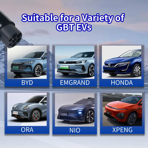 Type 1 To GBT EV Charger Adapter For SAE J1772 Electric Vehicles, image of compatible car models BYD, EMGRAND, HONDA, ORA, NIO, XPENG