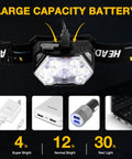 Ultra Bright Nine LED Rechargeable Headlamp Two Pack With Red Light Sensor for camping showing battery life details.