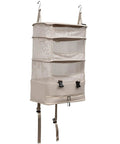 Travel Hanging Shelf Bag With 5 Tier Packing Cube Organizer Portable Folding Closet with mesh and hooks for camper use.
