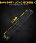 Impact Grade Socket Adapter Set With 12 Inch Extension Bit Holder shown in black with all three sizes displayed.
