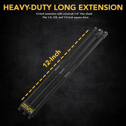 Impact Grade Socket Adapter Set With 12 Inch Extension Bit Holder shown in black with all three sizes displayed.