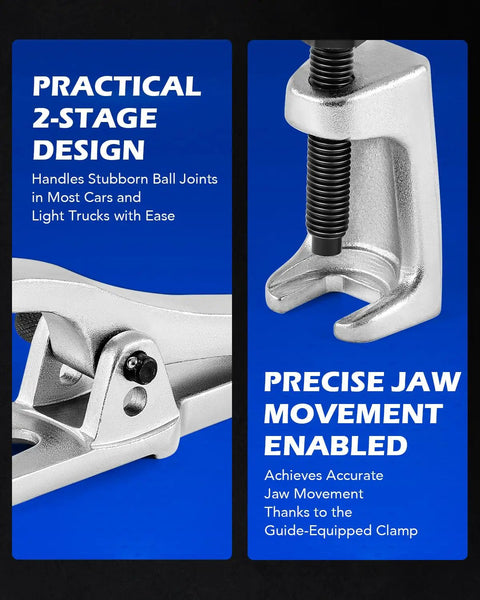 Close-up of 5 In 1 Front End Service Tool Kit showing silver ball joint separator and clamp on blue background