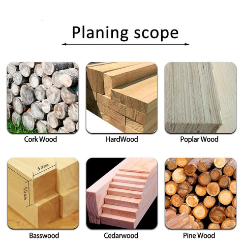 Wood samples: Cork Wood, Hardwood, Poplar Wood, Basswood, Cedarwood, Pine Wood.