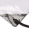 Close-up corner view of Clear Drawstring Bags Two Pack, Waterproof Stadium Security Approved Small Clear Bags, 0.4mm PVC