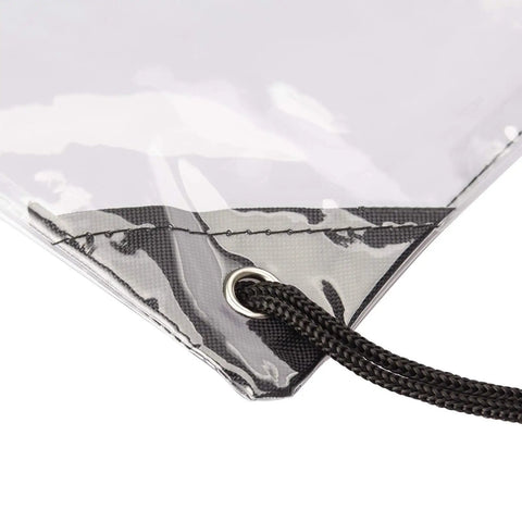 Close-up corner view of Clear Drawstring Bags Two Pack, Waterproof Stadium Security Approved Small Clear Bags, 0.4mm PVC