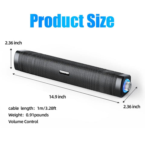 USB Computer Speakers With 3.5mm Aux, Wired USB Powered Sound Bar With Colorful LED Lights And Switch Button, Product Size
