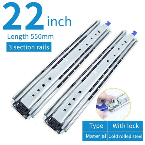 Beefy Heavy Duty Drawer Slides With Lock 58 Inch Premium Steel Construction With Smooth Silent Operation Ball Bearing Rollers For Effortless Open And Close, Rust Resistant Electroplated And Powder Coated Finish, Ideal For Heavy Load Cabinets. 22-inch 3-section steel drawer slides with lock