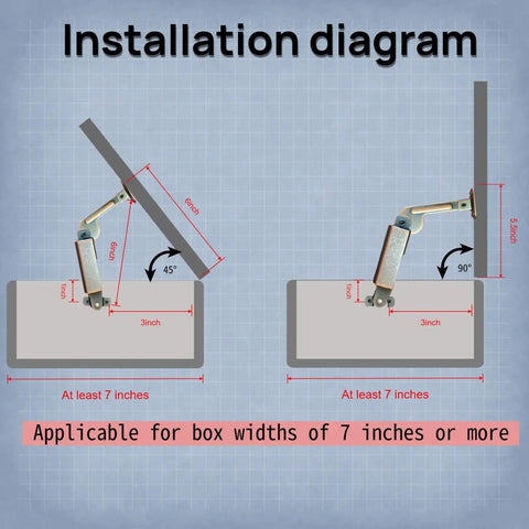 Installation diagram for Self Balancing Lid Support Hinges Left And Right Dark Bronze Tone With Screws For Sofa Box Cabinet Toy Box And Shoe Bench Built In Spring Mechanism Durable Iron Anti Rust Easy Install Smooth Lift.