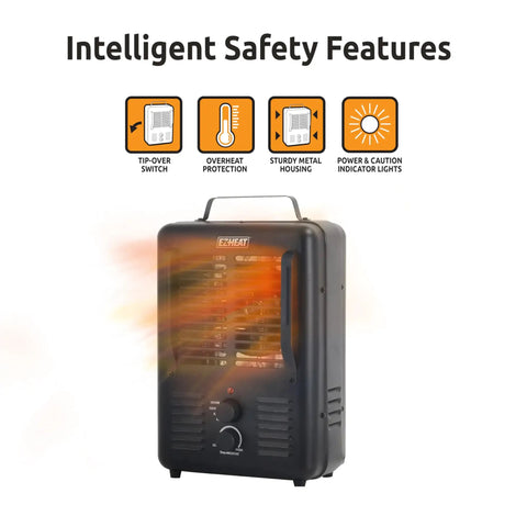 Heavy Duty 1500 Watt Portable Milkhouse Utility Space Heater With Adjustable Thermostat Overheat Guard And Tip Over Safety Switch In Matte Black showing controls and safety features.