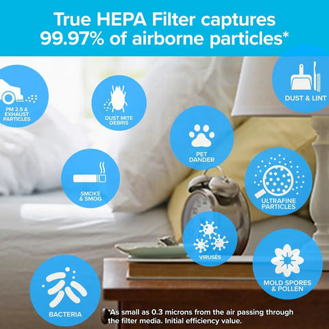 Infographic detailing F2 Room Air Purifier Filter effectiveness on allergens, bacteria, viruses, and more in bedroom setting.
