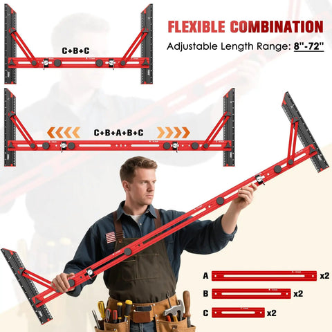 Kickass Precision Stair Tread Template Tool With Heavy Duty Locking Triangular Brace And Snappy Edge Flip Stops For Right On Target Woodworking Every Single Time, shown in flexible configuration.