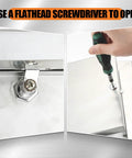 Hand using flathead screwdriver on Tough As Nails 8 X 8 Inch Stainless Steel Access Panel With No Sweat Screwdriver Latch.