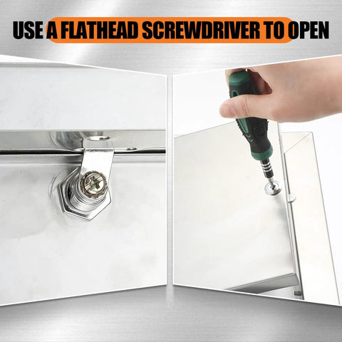 Hand using flathead screwdriver on Tough As Nails 8 X 8 Inch Stainless Steel Access Panel With No Sweat Screwdriver Latch.