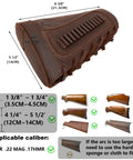 Premium Leather Gun Shell Holder Buttstock With Canvas Recoil Pad Extension For Shotguns And Rifles Reduces Recoil By About Sixty Percent With Neoprene Cushions And Durable Brown Finish, showing dimensions and fit guide