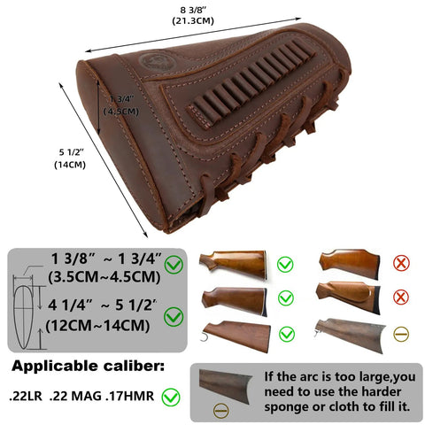 Premium Leather Gun Shell Holder Buttstock With Canvas Recoil Pad Extension For Shotguns And Rifles Reduces Recoil By About Sixty Percent With Neoprene Cushions And Durable Brown Finish, showing dimensions and fit guide