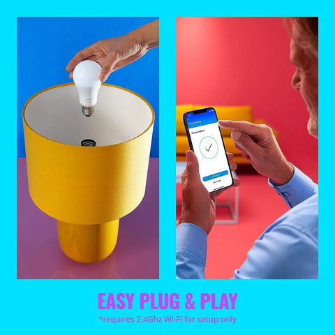 Two-Pack Color 60W A19 Smart WiFi Light Bulbs being installed in lamp, setup via phone app, works with Alexa and Google, no hub needed