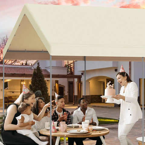 Family gathering under 10x20 Ft Carport Replacement Canopy Cover Waterproof UV Treated 180G PE Outdoor Shelter with cake.