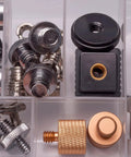 Double Threaded Camera Screw Mount Set 1/4 To 3/8 Inch Adapter with assorted metal adapters and nuts in storage case