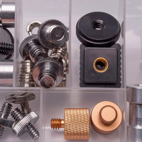 Double Threaded Camera Screw Mount Set 1/4 To 3/8 Inch Adapter with assorted metal adapters and nuts in storage case