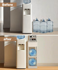 Before and after comparison of Sturdy 3 Tier Solid Wood Water Dispenser Rack with jugs stored neatly in white finish stand