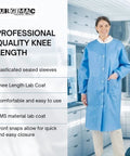 Person wearing blue disposable lab coat knee length unisex chemistry gown with sleeves SMS nonwoven medical coat for laboratory work