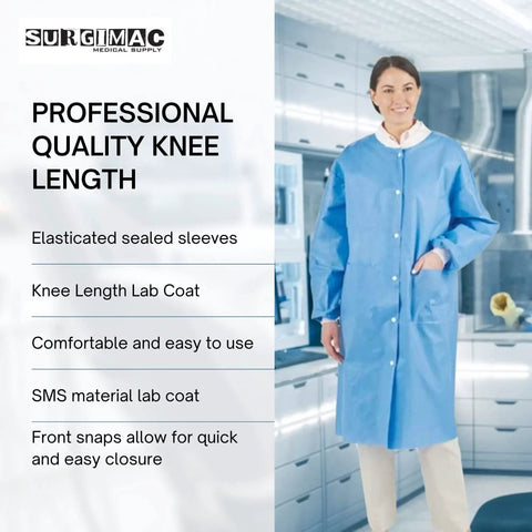 Person wearing blue disposable lab coat knee length unisex chemistry gown with sleeves SMS nonwoven medical coat for laboratory work