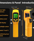 Infrared No Contact Temperature Gun For Cooking And DIY Laser Thermometer For Grilling Fryers Candy Making And Pool Spa Care Reads Surface Temps From Minus 58 To 986 Degrees Fahrenheit Not For Human Or Animal Use, yellow handheld front view with LCD