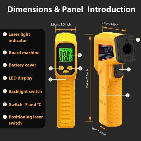 Infrared No Contact Temperature Gun For Cooking And DIY Laser Thermometer For Grilling Fryers Candy Making And Pool Spa Care Reads Surface Temps From Minus 58 To 986 Degrees Fahrenheit Not For Human Or Animal Use, yellow handheld front view with LCD