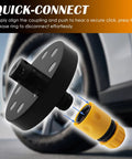 Magnetic Chassis Flusher Kit With 360 Degree Rotating Spray Nozzle quick-connect feature close-up near car wheel.