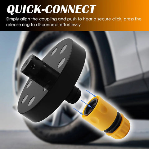 Magnetic Chassis Flusher Kit With 360 Degree Rotating Spray Nozzle quick-connect feature close-up near car wheel.