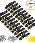 20 Kits Of 2 Pin Waterproof Automotive Electrical Connectors With Male And Female Terminals And Silicone Seals For 22-16 AWG Wiring Quick Disconnects And 2 Wire Connectors Durable Weatherproof Wiring Kit For Cars shown with connectors, terminals, and seals.