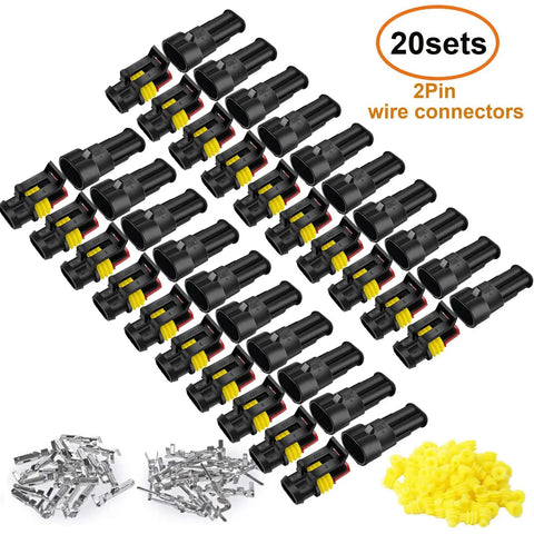 20 Kits Of 2 Pin Waterproof Automotive Electrical Connectors With Male And Female Terminals And Silicone Seals For 22-16 AWG Wiring Quick Disconnects And 2 Wire Connectors Durable Weatherproof Wiring Kit For Cars shown with connectors, terminals, and seals.