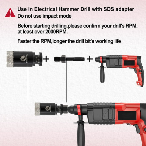 Diamond Core Drill Bit Set 10pc Kit Pro Grade With Finger Milling Bit 50mm Beveling Chamfer Bit And SDS Adapter shown with drill