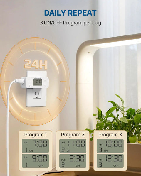 Indoor Programmable Digital Timer Outlet Plug Two Pack 24 Hour Schedule Switch showing daily repeat programs.