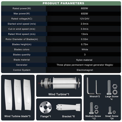 Vertical Wind Turbine Generator Kit 600W 24V With Charge Controller components and specifications overview.
