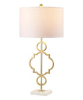Gold Modern Quatrefoil LED Table Lamp With Marble Base And Linen Drum Shade For Living Room Or Bedroom Vibe Cozy, Energy Saving Bulbs Included, ETL Listed And UL Safe, Contemporary Accent Lighting