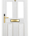 No Sweat Smart Keyless Front Door Handle With Polished Brass Finish And Smartphone App Control installed on a white door.