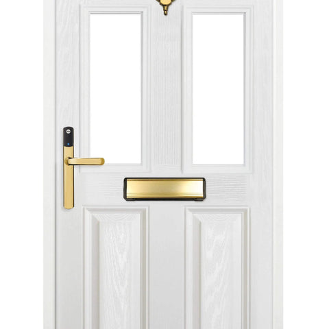 No Sweat Smart Keyless Front Door Handle With Polished Brass Finish And Smartphone App Control installed on a white door.