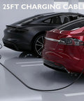 Portable Level 1 And Level 2 EV Charger With 25 Ft Cable J1772 16 Amp Dual Voltage charging two vehicles in a garage.