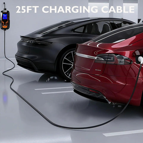 Portable Level 1 And Level 2 EV Charger With 25 Ft Cable J1772 16 Amp Dual Voltage charging two vehicles in a garage.