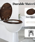 Generic Toilet Seat Replacement Round Slow Quiet Close Resin Wood Bathroom on a toilet with stainless steel hinges and protective bumpers.