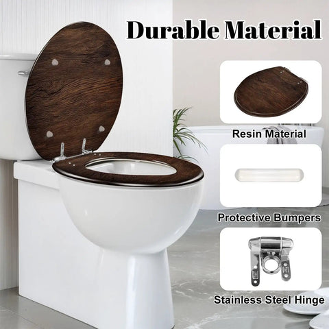 Generic Toilet Seat Replacement Round Slow Quiet Close Resin Wood Bathroom on a toilet with stainless steel hinges and protective bumpers.