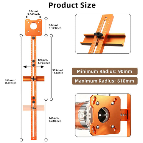 Adjustable Router Circle Cutting Jig For Flawless Arc Routing And Groove Milling dimensions showing adjustable sizes and features.