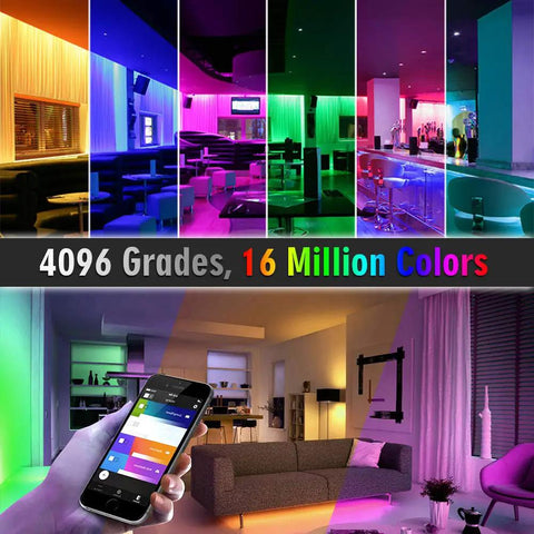 Ultra Bright Dual Row RGB CCT Flexible LED Strip Lights 270 LEDs Per Meter showcasing color options in various settings