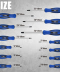 Magnetic Torx Screwdriver Set 14 Pieces In CR V Steel T4 to T40 Pro Grade with size details and blue handles on display
