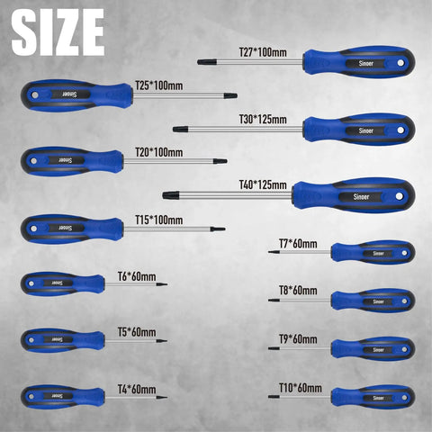 Magnetic Torx Screwdriver Set 14 Pieces In CR V Steel T4 to T40 Pro Grade with size details and blue handles on display