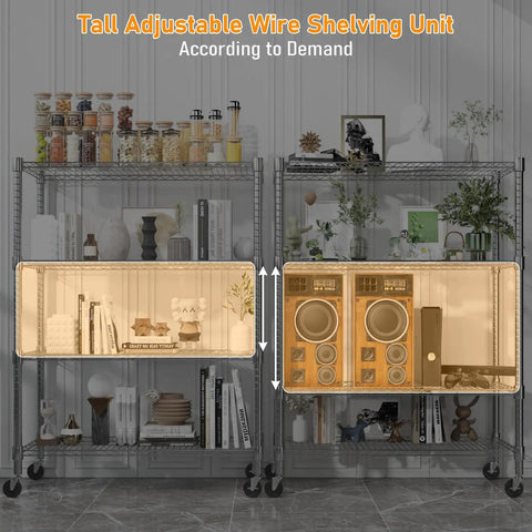 Heavy Duty 4 Tier Steel Wire Storage Rack On Wheels, Adjustable Metal Shelves, 1600 Lb Total Capacity, 72 Inch Tall Garage Kitchen Pantry Organizer, 18 Inch Deep By 36 Inch Wide, Silver with adjustable shelves and caster wheels