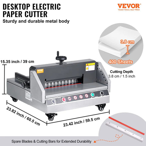 VEVOR 13 Inch Electric Paper Cutter, Desktop Trimming Blade Machine with a sturdy metal body and cutting depth of 1.5 inches.